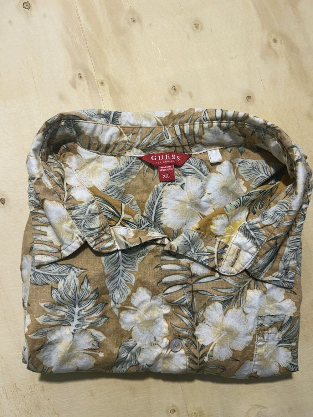 GUESS Men's XXL Brown Floral Cotton Hawaiian Button-Up Shirt Short Sleeve